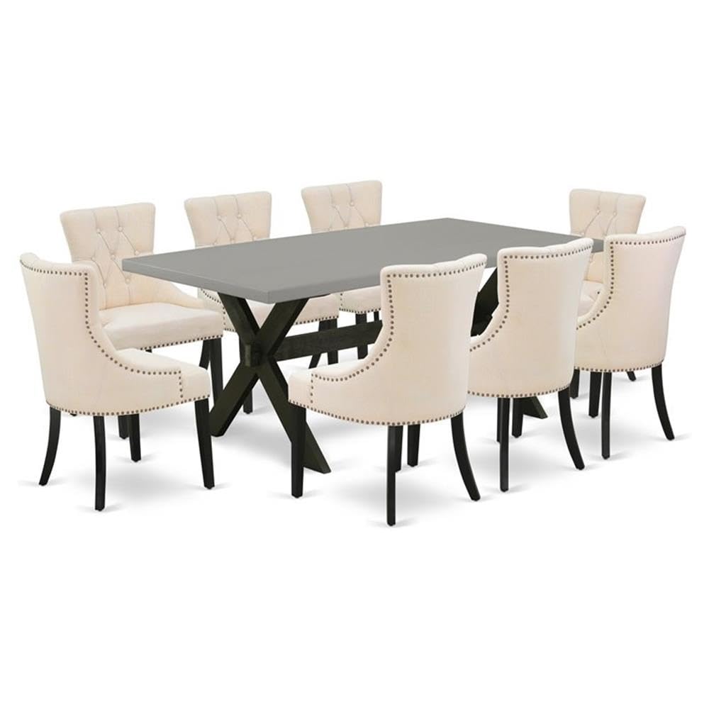 East West Furniture X697Fr102-9 9 Piece Dining Set Includes A Rectangle Dining Room Table With X-Legs And 8 Light Beige Linen Fabric Upholstered Chairs, 40X72 Inch, Multi-Color